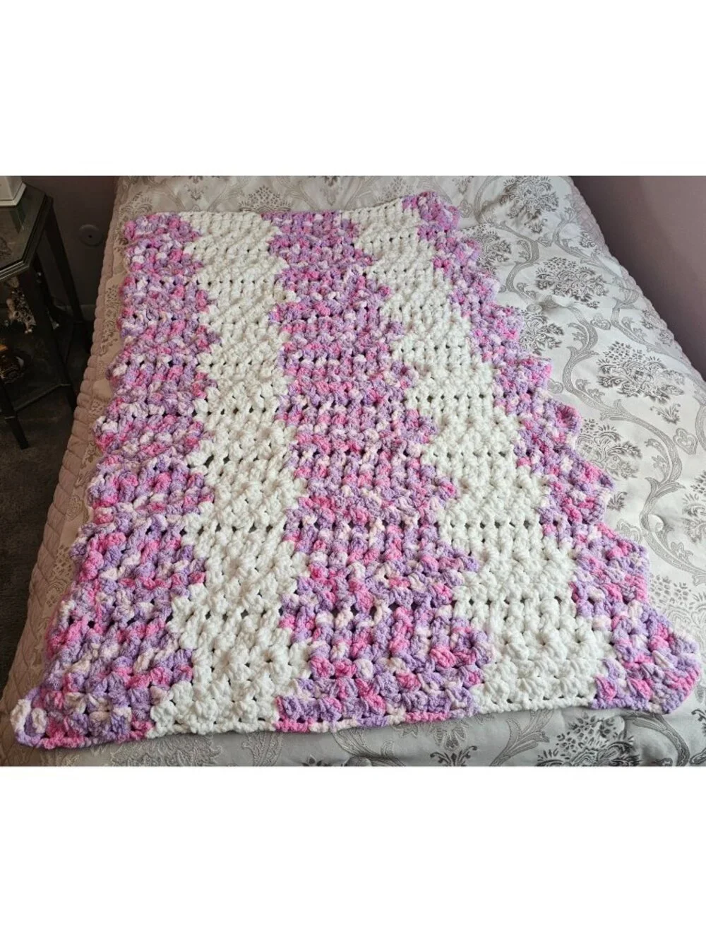 New Hand Crocheted Pink & Purple Lap Throw/Baby Blanket - Soft Chenille 36
